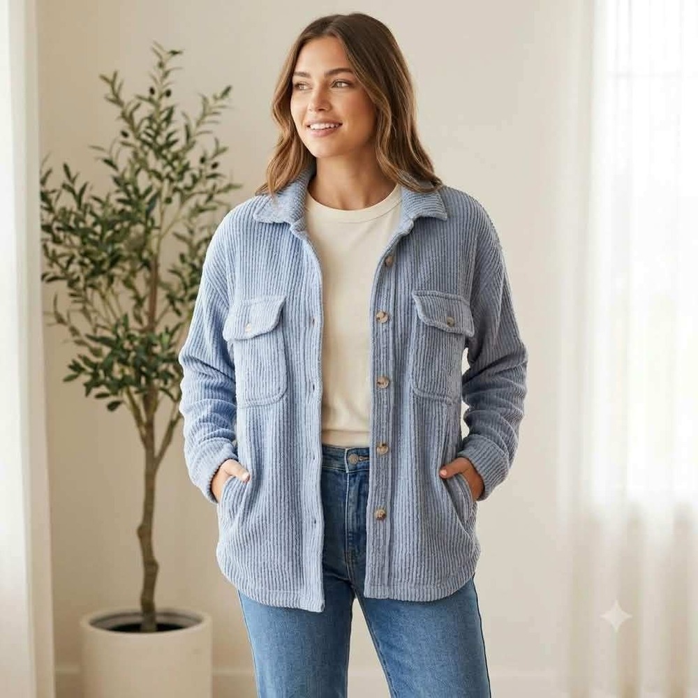 Altar'd State Blue Ribbed Knit Shacket Button Down Shirt Jacket Womens Small